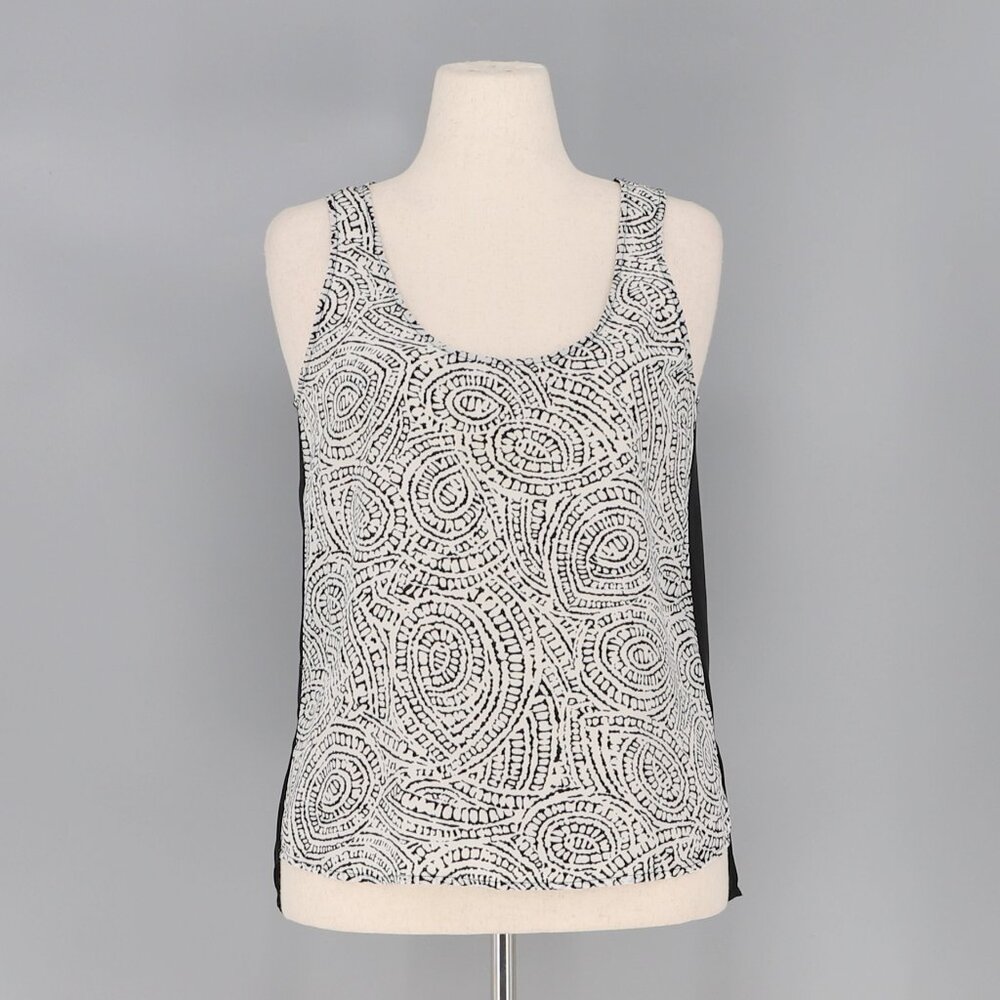 INTERMIX 100% Silk Split Open Back Black Geo Print Tank Blouse Size L